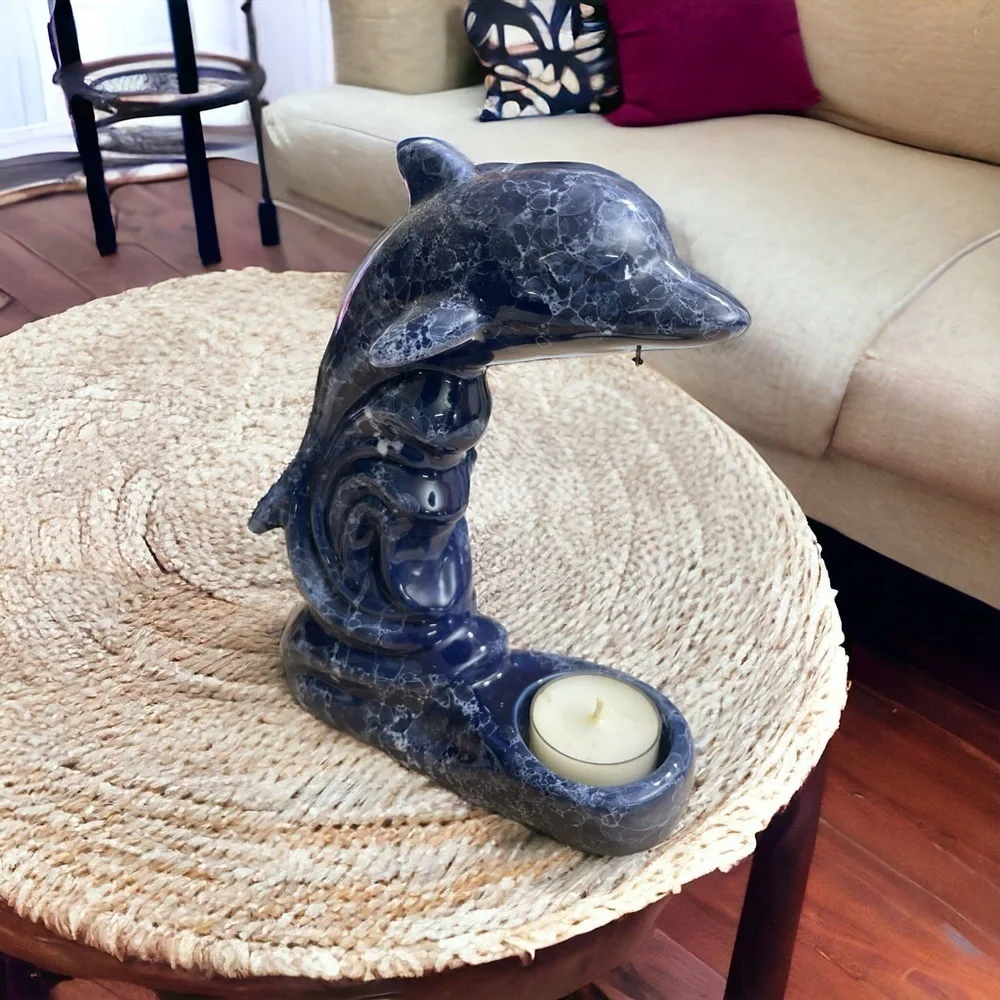 COBALT BLUE CERAMIC DOLPHIN FIGURINE  TEA LIGHT CANDLE HOLDER